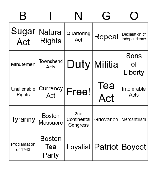 Road to Revolution Bingo Card