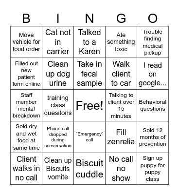 Vet Reception Bingo Card