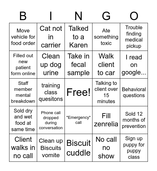 Vet Reception Bingo Card
