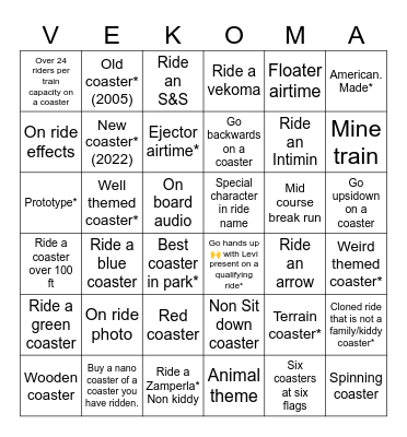 Coaster Bingo Card