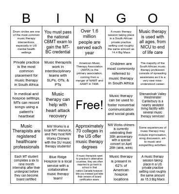 World Music Therapy Week Bingo Card