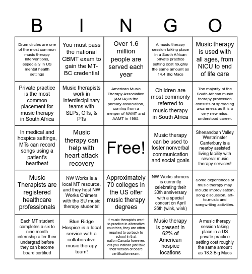 World Music Therapy Week Bingo Card