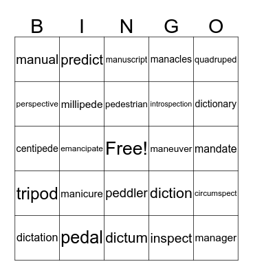 Root Word Test #1 BINGO Card