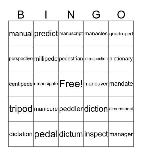 Root Word Test #1 BINGO Card
