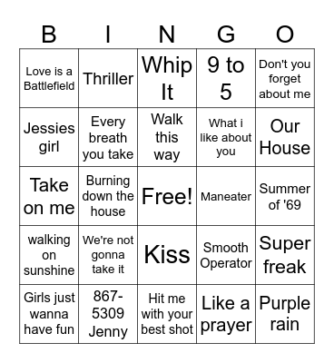 80's music bingo Card