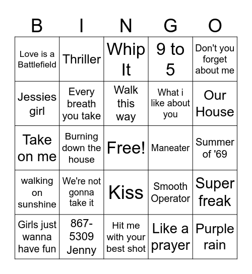 80's music bingo Card