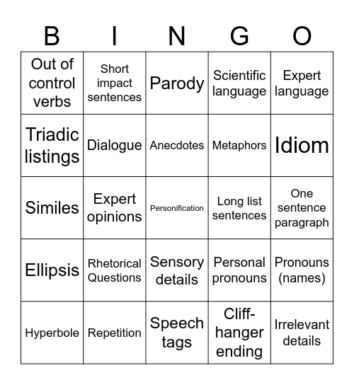 Language and structure techniques Bingo Card