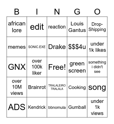 YT Shorts Bingo Card