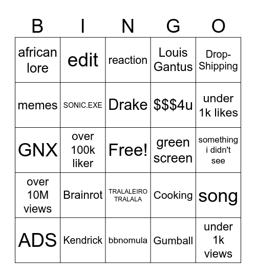 YT Shorts Bingo Card