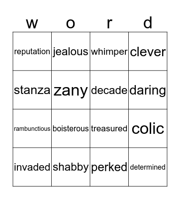 Vocabulary Bingo! Bingo Card