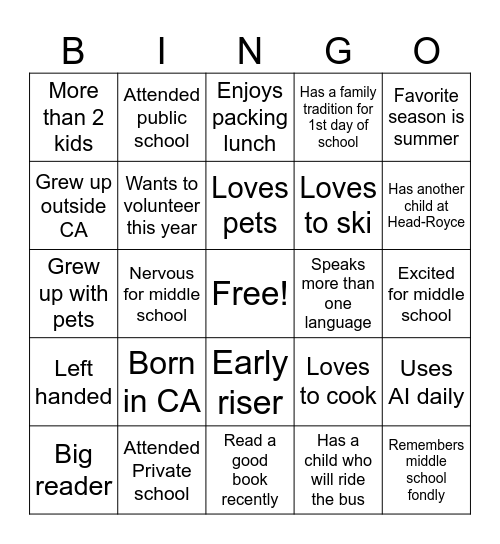 Welcome to Head-Royce Middle School! Bingo Card