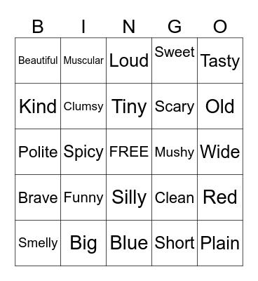 Adjectives (Description of a Noun) Bingo Card