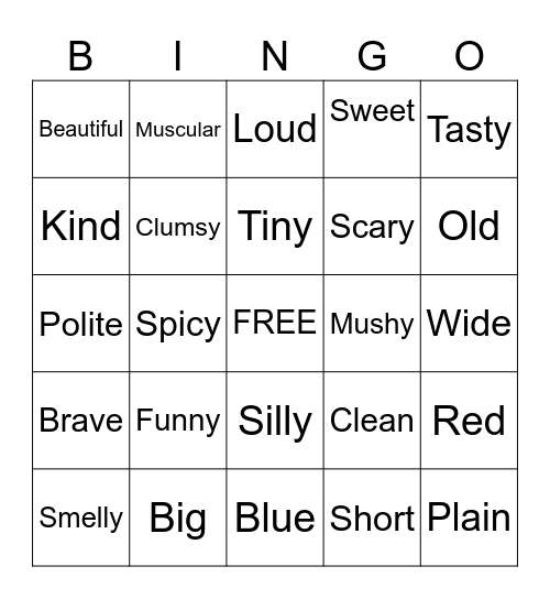 Adjectives (Description of a Noun) Bingo Card