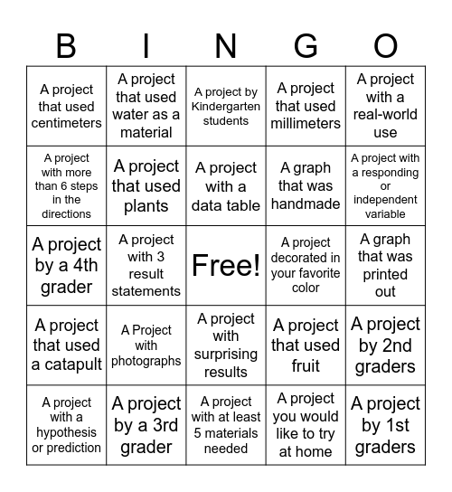 Southern Oak Science Fair Bingo Card