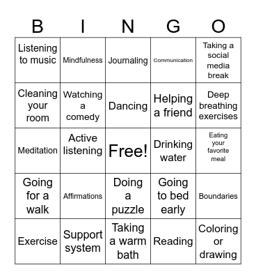 Coping Skills Bingo Card