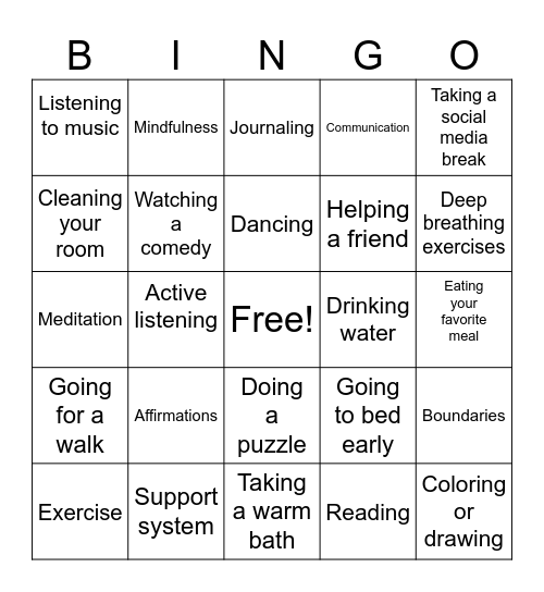 Coping Skills Bingo Card