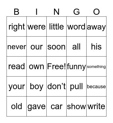 Sight Words Bingo Card