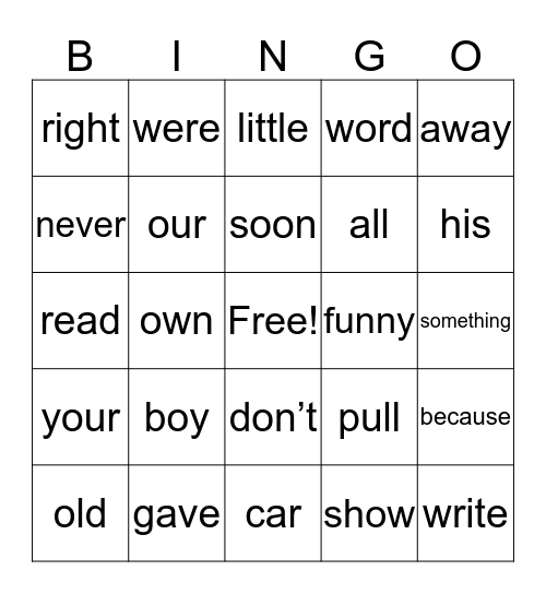 Sight Words Bingo Card