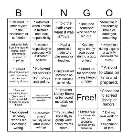 INTEGRITY Bingo Card