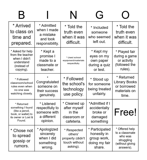 INTEGRITY Bingo Card
