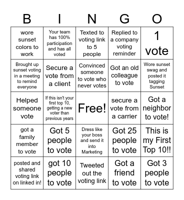 Sunset Top 10 Voting Bingo Card