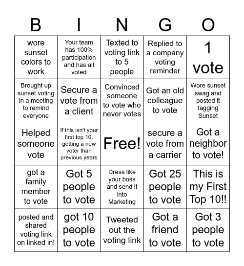 Sunset Top 10 Voting Bingo Card