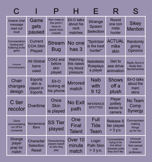 COA8 Livestream Insanity Bingo Card