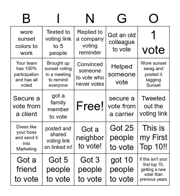 Sunset Top 10 Voting Bingo Card