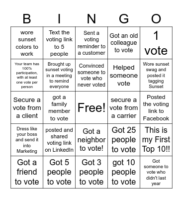 Sunset Top 10 Voting Bingo Card