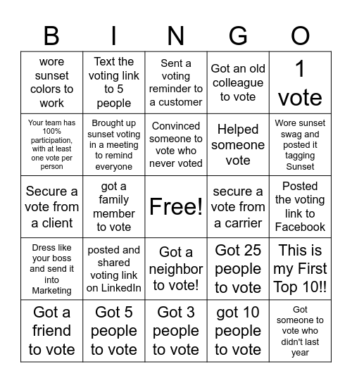 Sunset Top 10 Voting Bingo Card