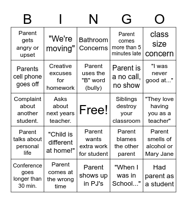 Parent Conference Bingo Card