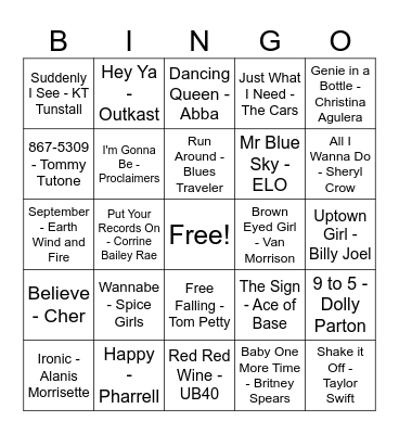 Feel Good Pop Classics Bingo Card