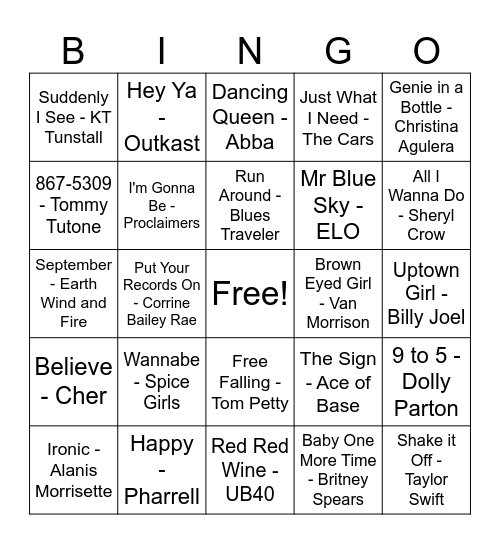 Feel Good Pop Classics Bingo Card