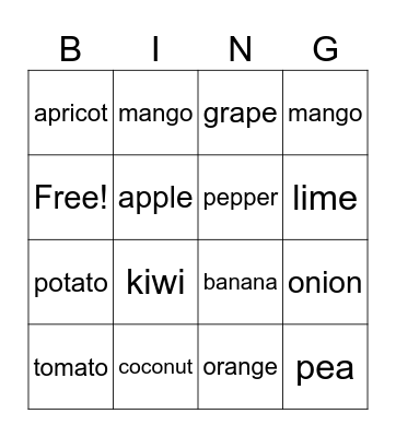 Food Bingo Card