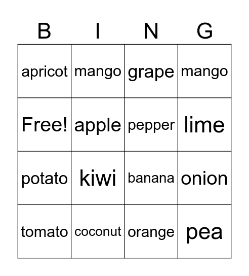 Food Bingo Card