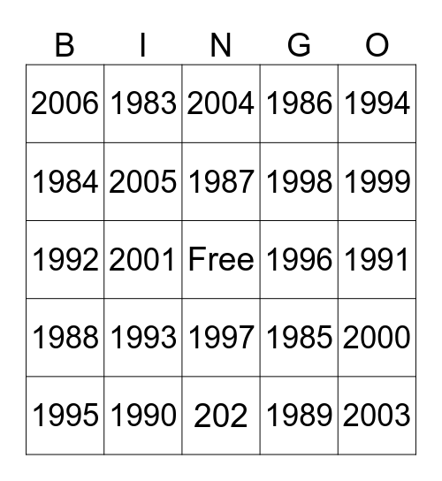 Years Bingo Card