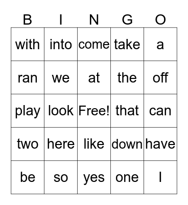 Sight Words Bingo Card