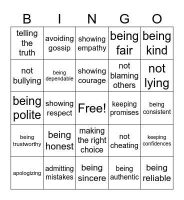 Integrity Bingo Card
