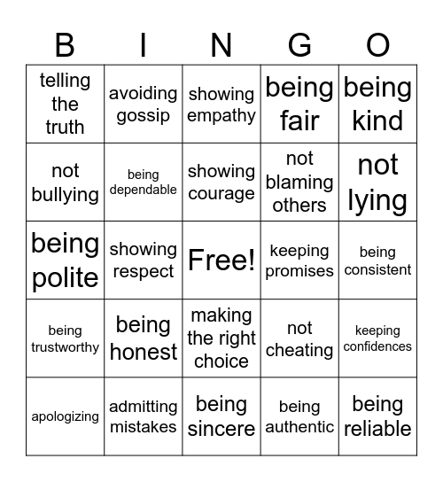 Integrity Bingo Card