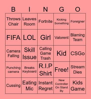 Gamer Rage Bingo Card