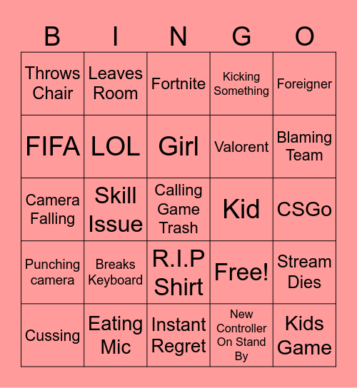 Gamer Rage Bingo Card