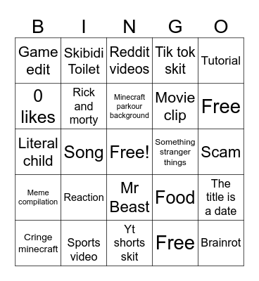 YouTube shorts Bingo Card