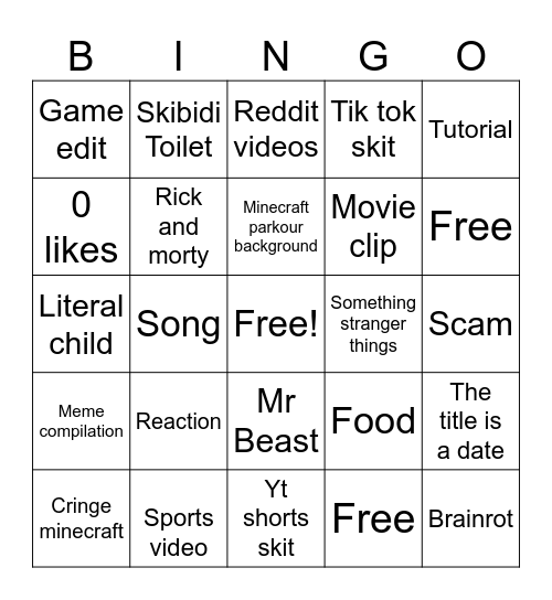 YouTube shorts Bingo Card