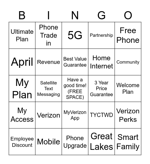 Verizon Bingo Card
