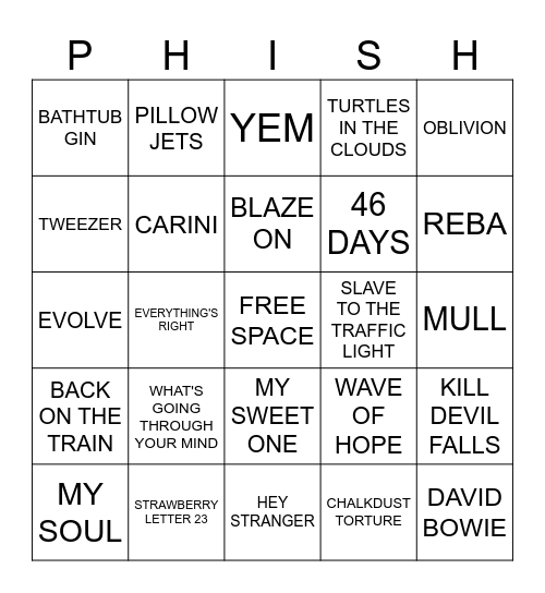 PHISH: SEATTLE, WA 4/18-19/2025 Bingo Card