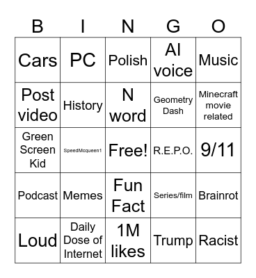 YT shorts bingo Card