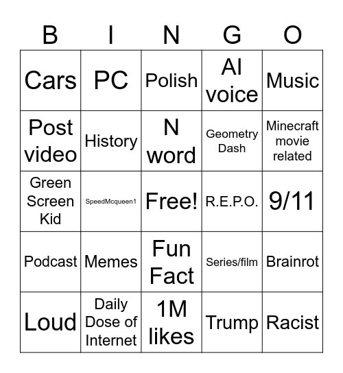 YT shorts bingo Card