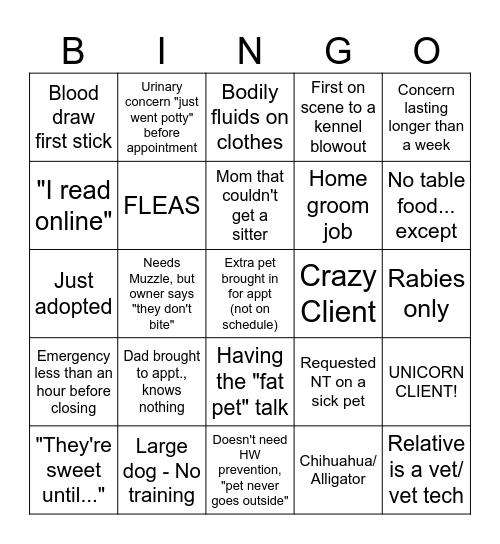 Vet Clinic Hyjinx Bingo Card