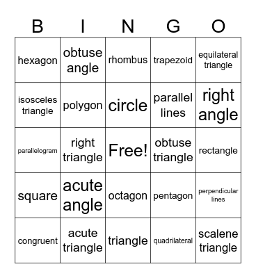 Geometry Bingo Card