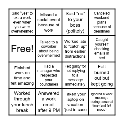 Work/Life Balance Bingo Card